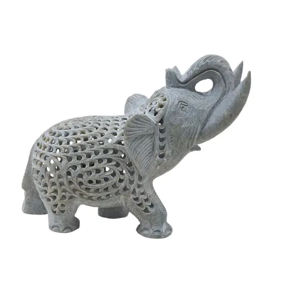 Trunk Up Elephant in Stone with Jali Style (4 Inch)