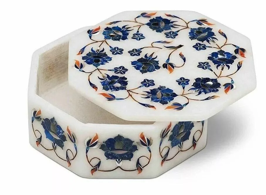 Marble with precious stone inlay jewelry box (5 Inch)