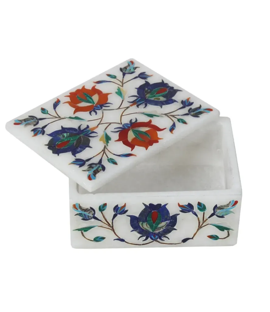 Marble with precious stone inlay jewelry box (5 Inch)