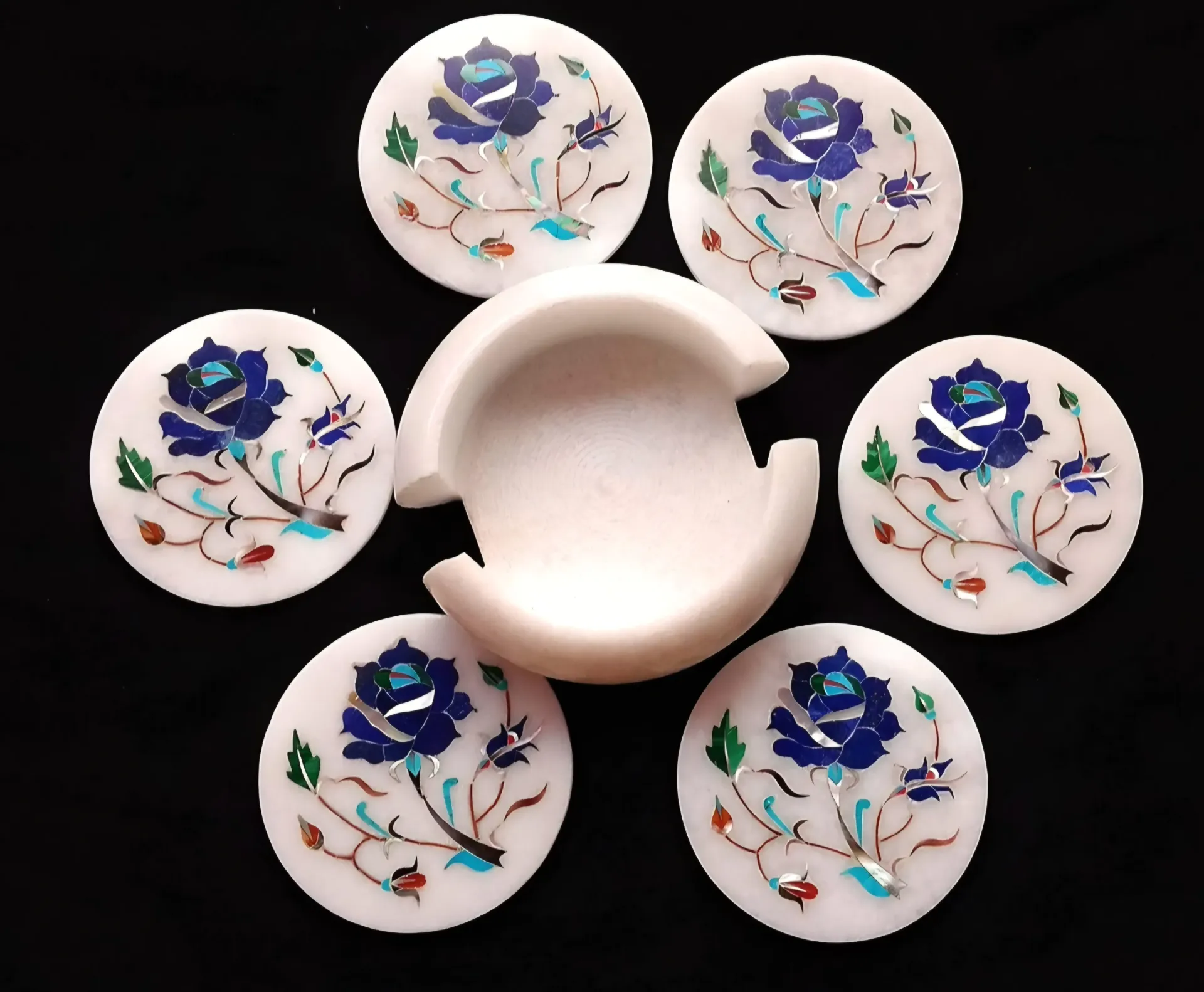 Marble Precious Stone Inlay Coaster Set  (4 inch)